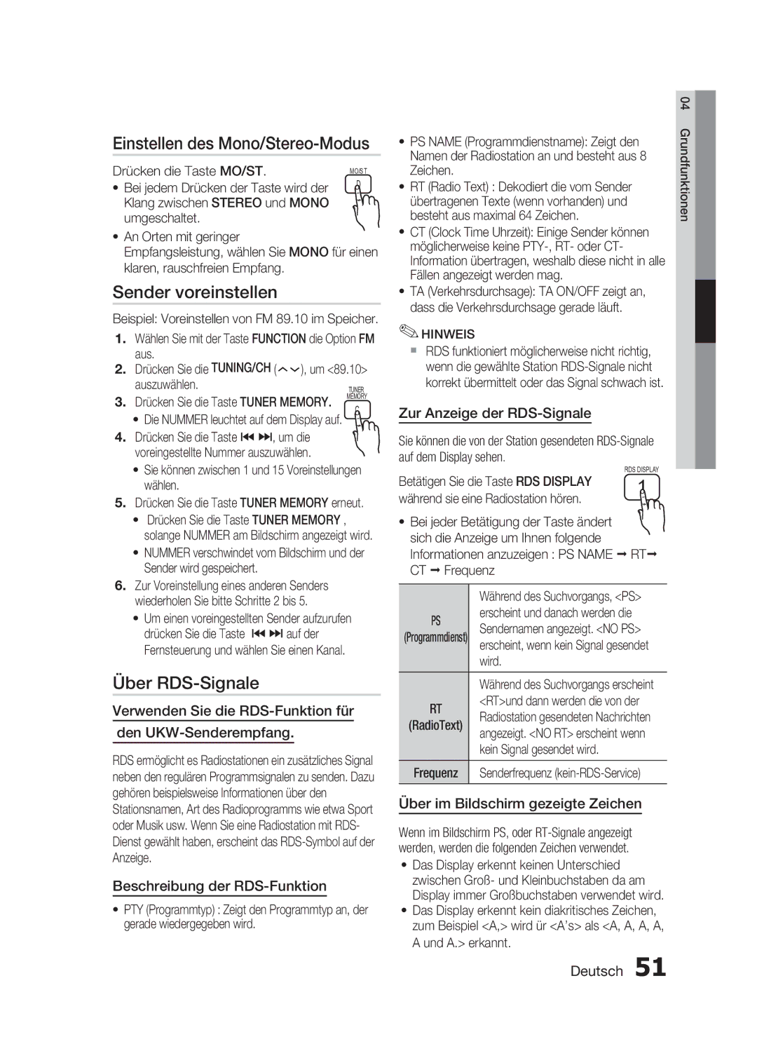 Samsung HT-C6200/XEF manual Einstellen des Mono/Stereo-Modus, Sender voreinstellen, Über RDS-Signale 