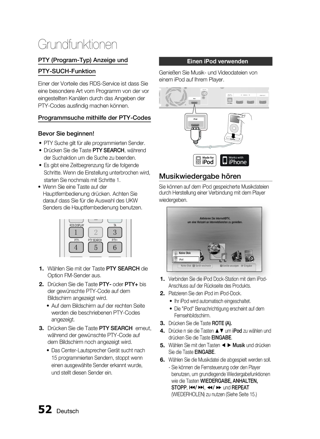 Samsung HT-C6200/XEF manual Musikwiedergabe hören, PTY Program-Typ Anzeige und PTY-SUCH-Funktion, Einen iPod verwenden 