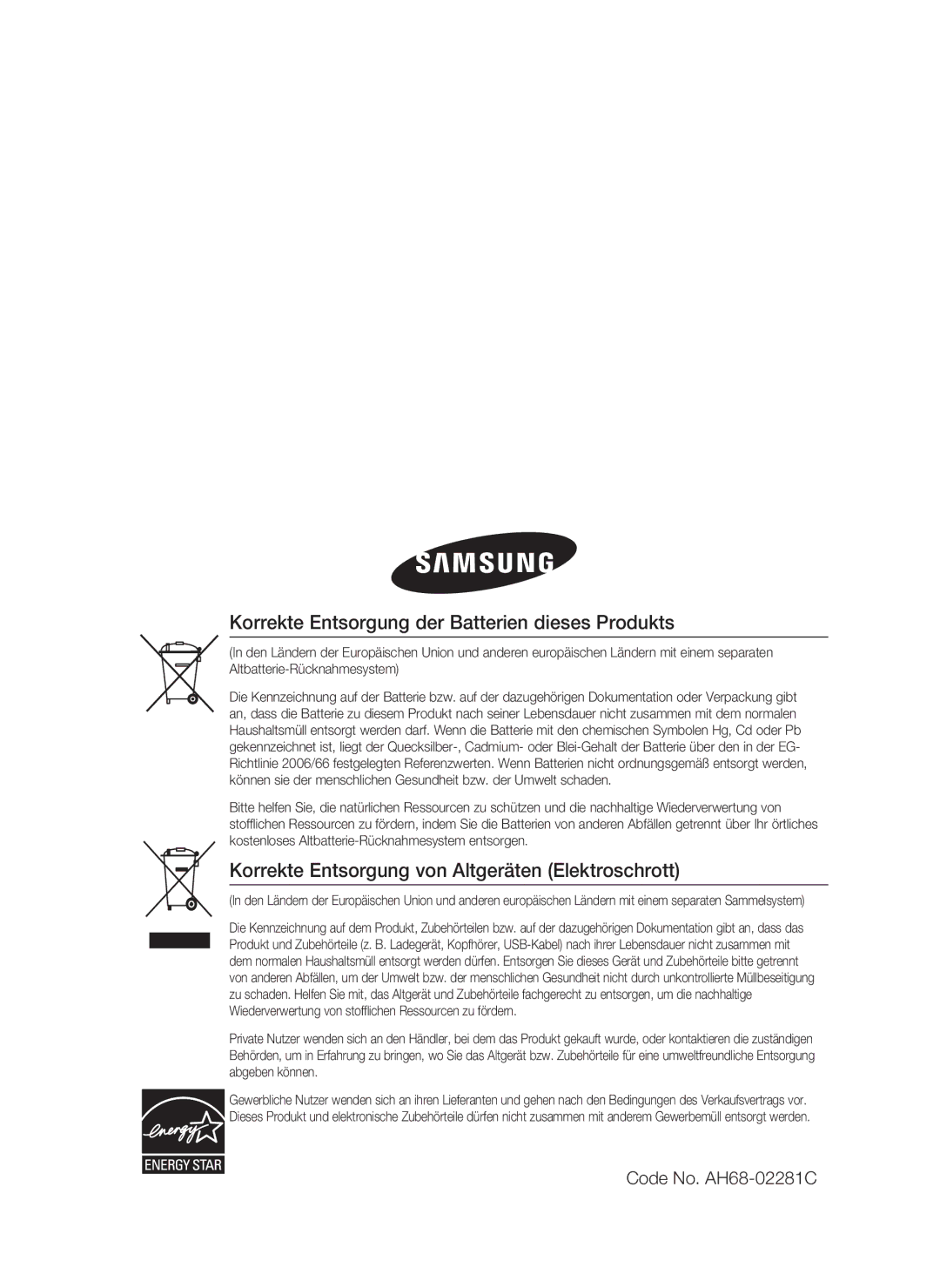 Samsung HT-C6200/XEF Korrekte Entsorgung der Batterien dieses Produkts, Korrekte Entsorgung von Altgeräten Elektroschrott 