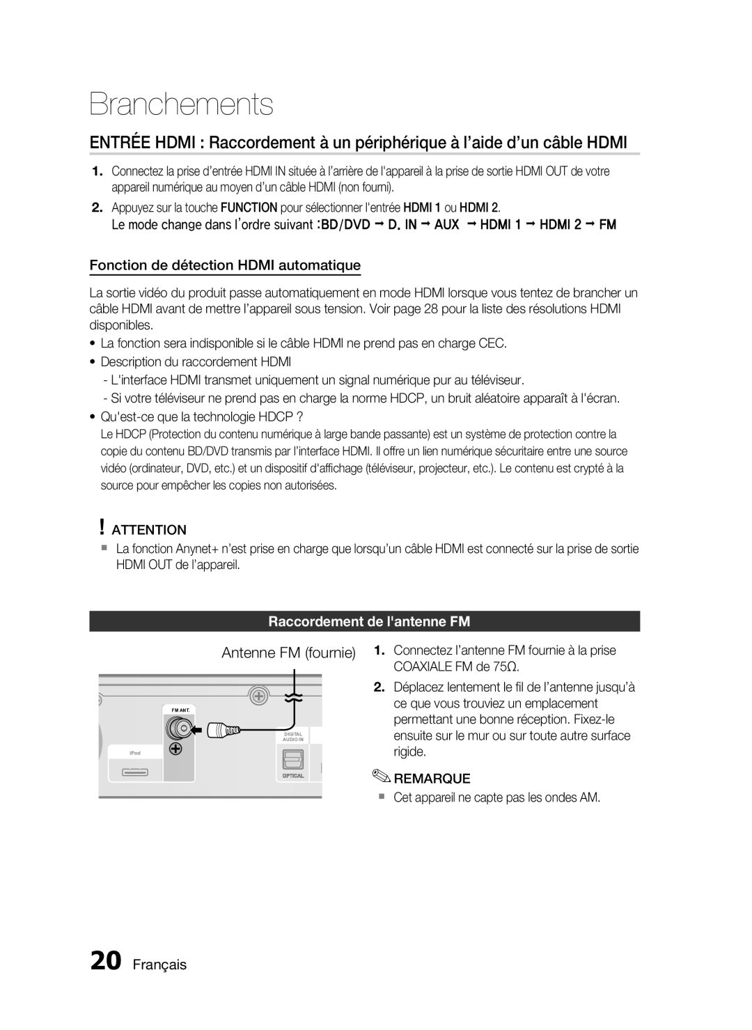 Samsung HT-C6200/XEF manual Antenne FM fournie, Fonction de détection Hdmi automatique, Raccordement de lantenne FM 