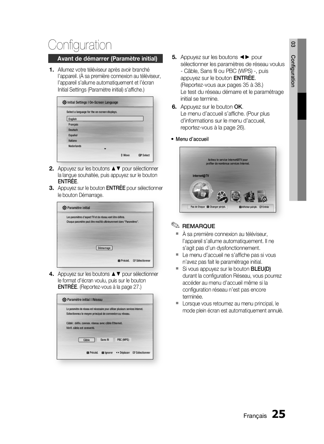 Samsung HT-C6200/XEF manual Conﬁguration, Avant de démarrer Paramètre initial, Entrée, Appuyez sur les boutons pour 