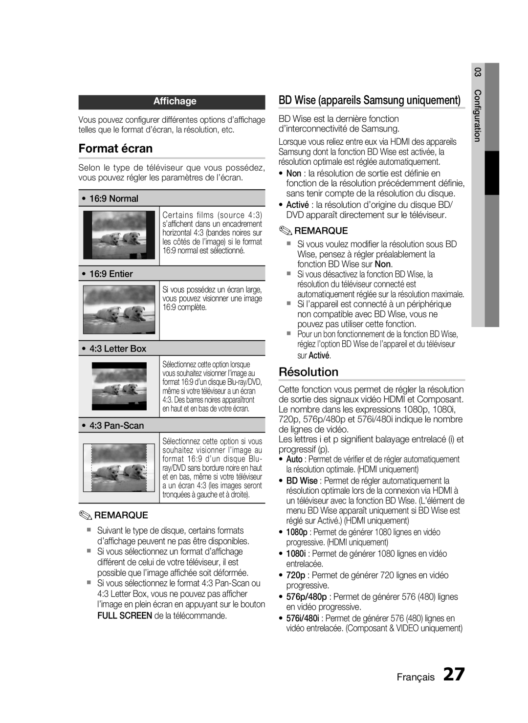 Samsung HT-C6200/XEF manual Résolution, Afﬁchage 