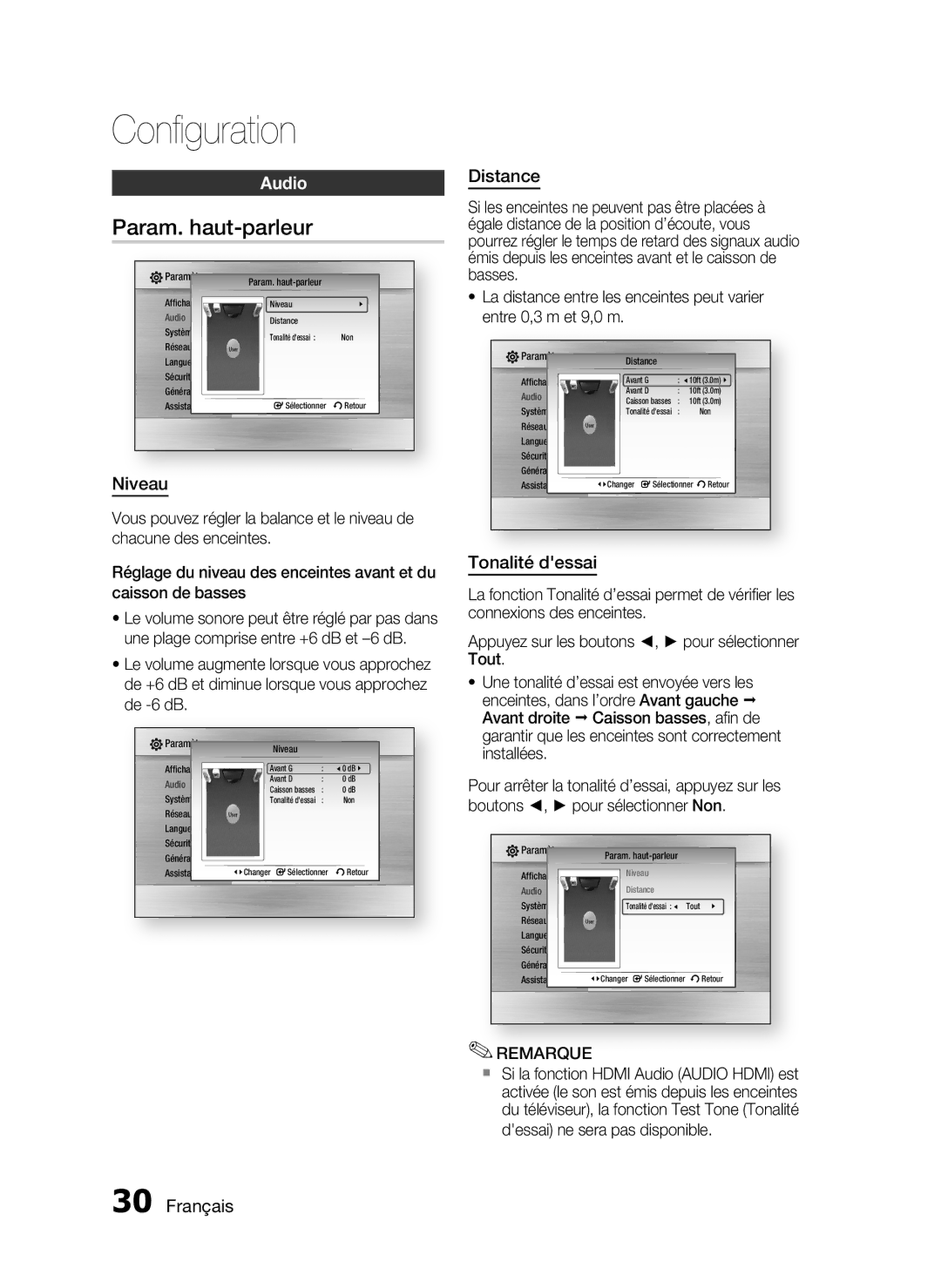 Samsung HT-C6200/XEF manual Param. haut-parleur, Audio, Niveau, Distance, Tonalité dessai 