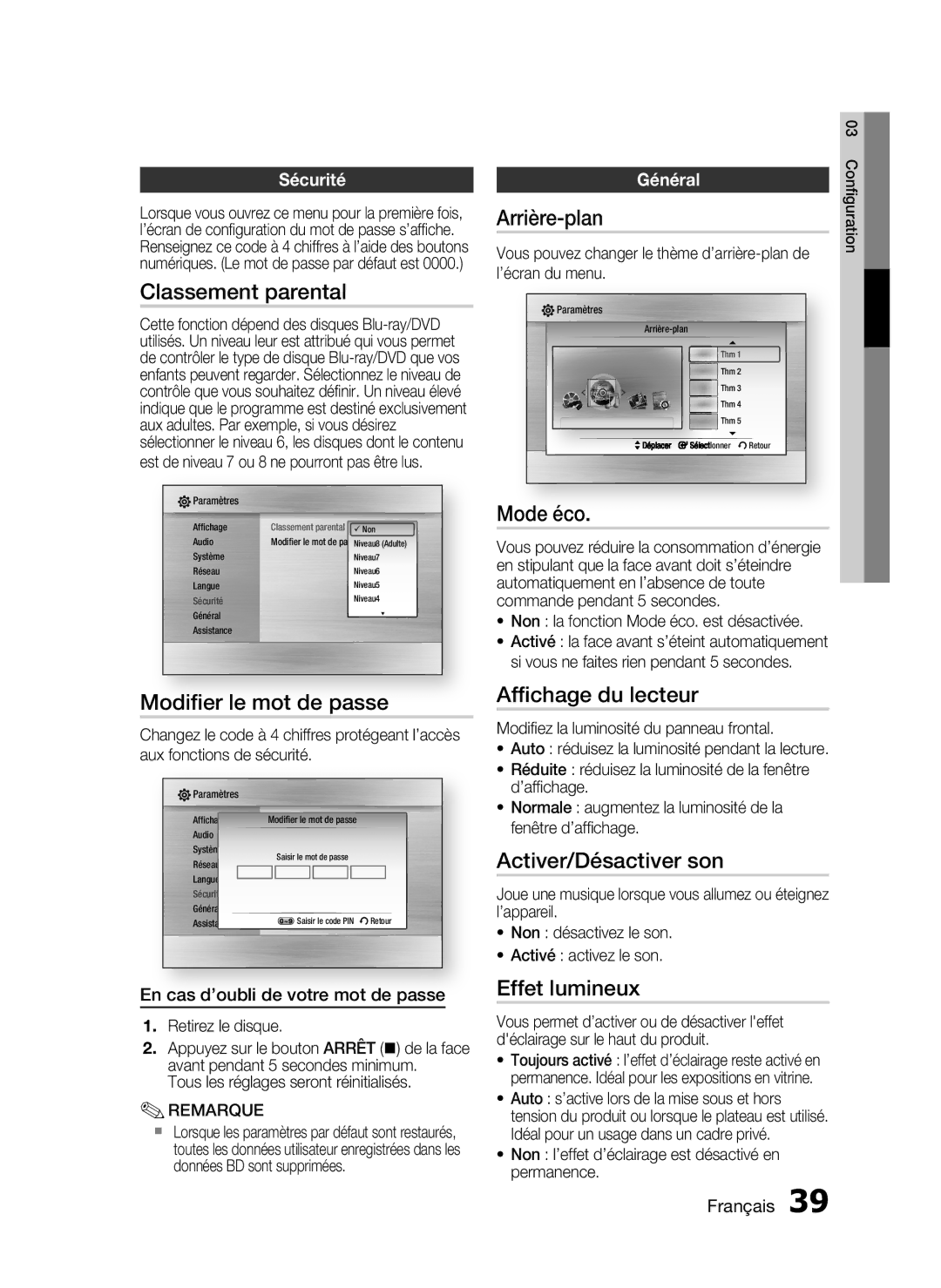 Samsung HT-C6200/XEF manual Classement parental, Modiﬁer le mot de passe, Arrière-plan, Mode éco, Afﬁchage du lecteur 