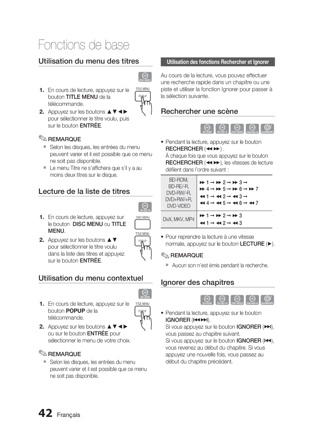 Samsung HT-C6200/XEF manual Utilisation du menu des titres, Rechercher une scène, Lecture de la liste de titres 