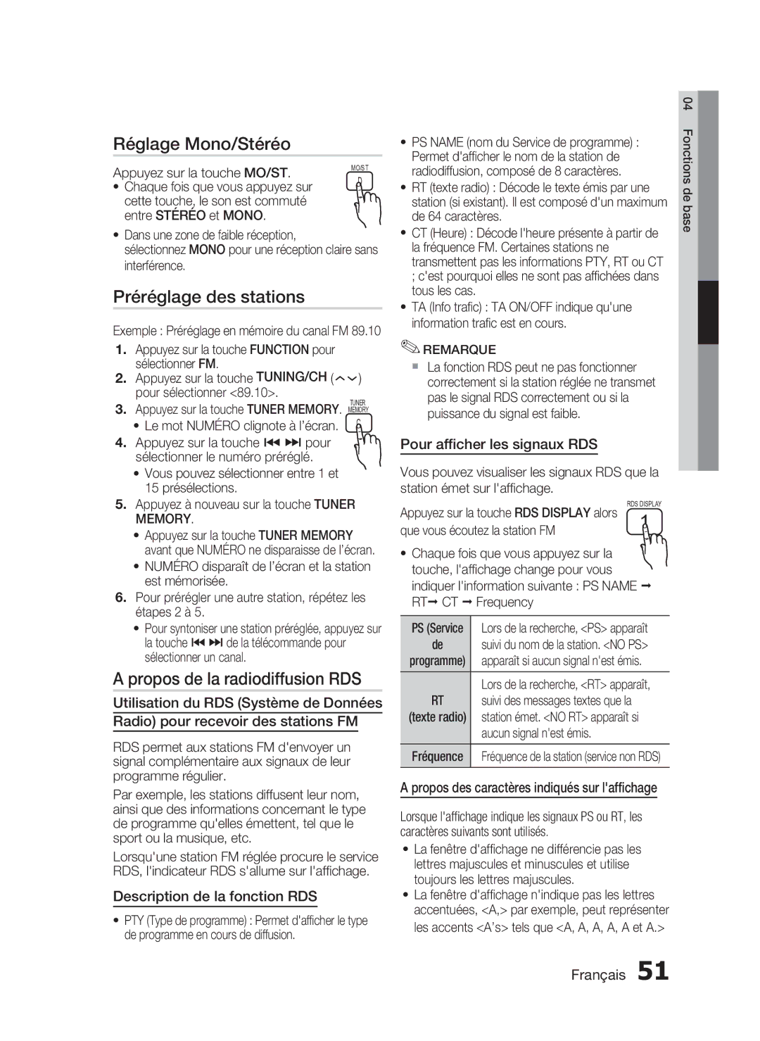 Samsung HT-C6200/XEF manual Réglage Mono/Stéréo, Préréglage des stations, Propos de la radiodiffusion RDS 