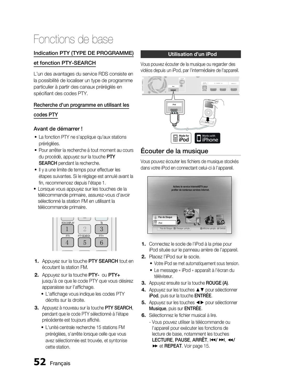 Samsung HT-C6200/XEF Écouter de la musique, Indication PTY Type DE Programme Et fonction PTY-SEARCH, Utilisation d’un iPod 