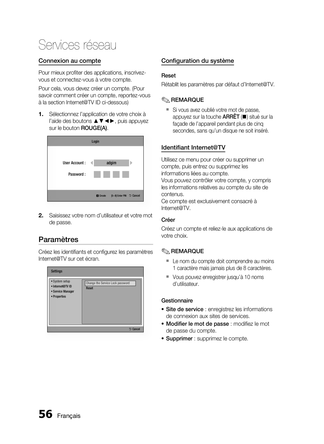 Samsung HT-C6200/XEF manual Paramètres, Connexion au compte, Conﬁguration du système, Identiﬁant Internet@TV 