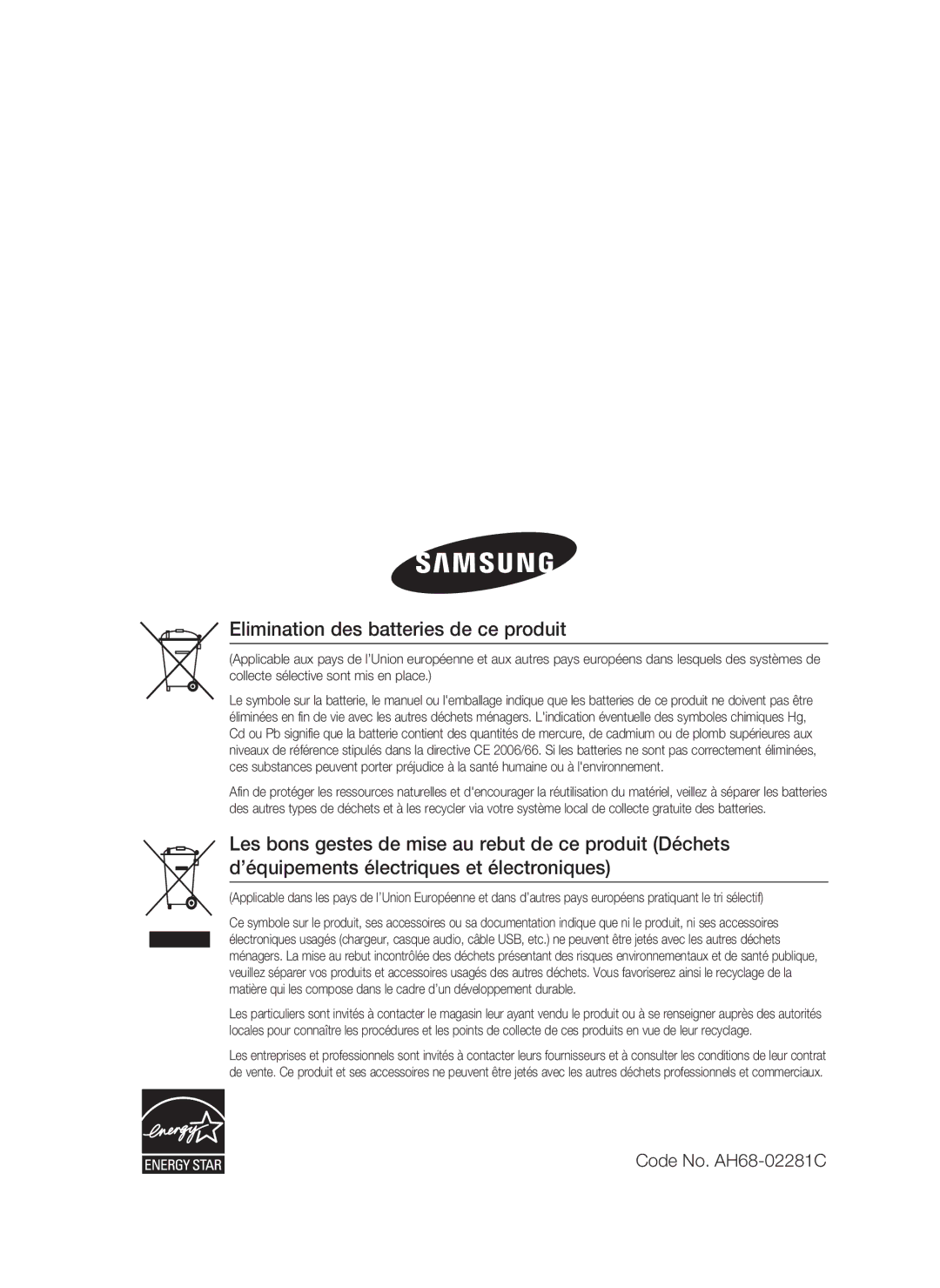 Samsung HT-C6200/XEF manual Elimination des batteries de ce produit 