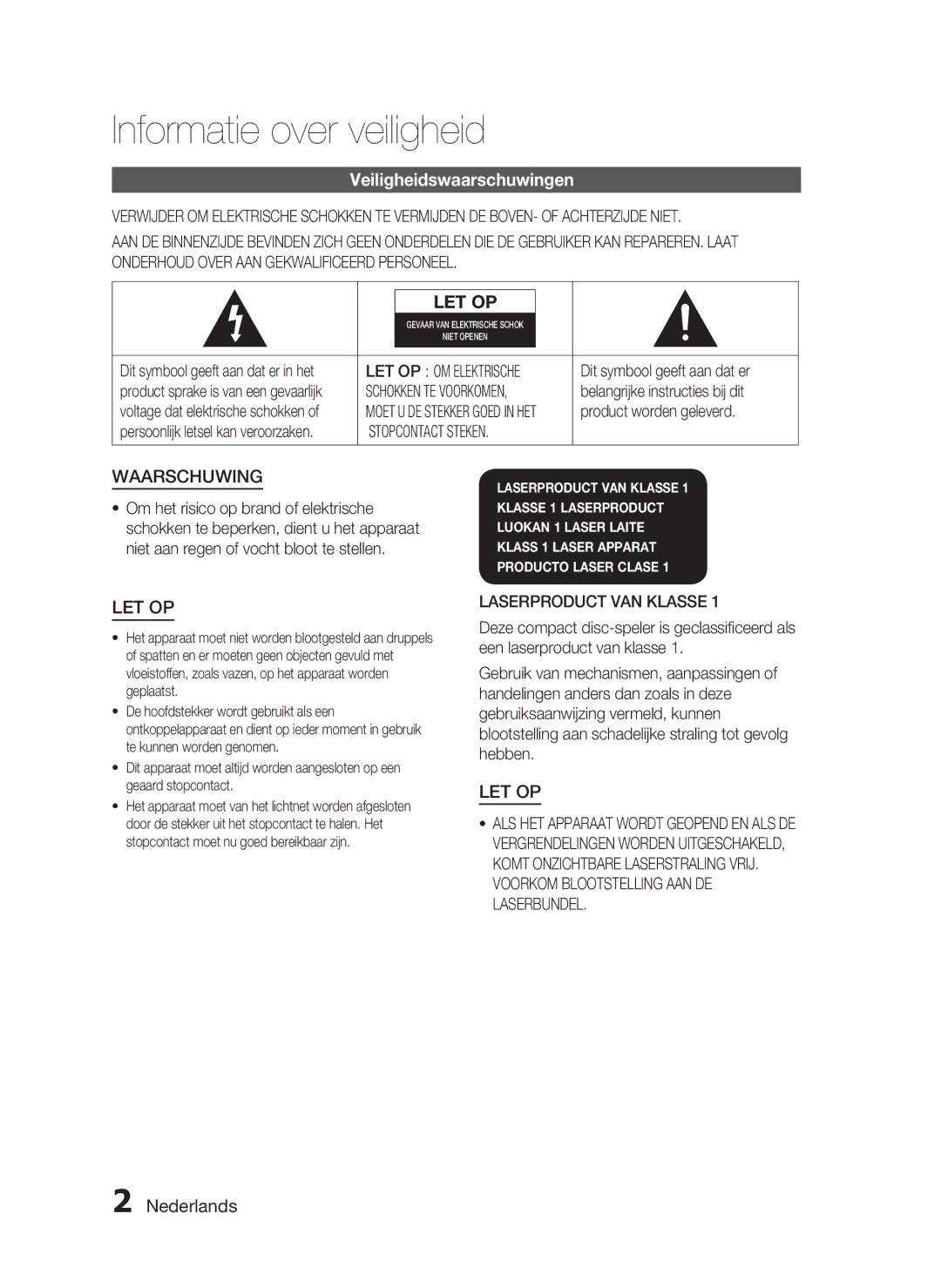 Samsung HT-C6200/XEF manual Informatie over veiligheid, Veiligheidswaarschuwingen, Nederlands 