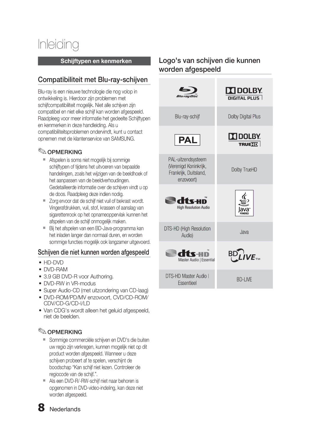 Samsung HT-C6200/XEF manual Schijven die niet kunnen worden afgespeeld, Schijftypen en kenmerken, Hd-Dvd Dvd-Ram 