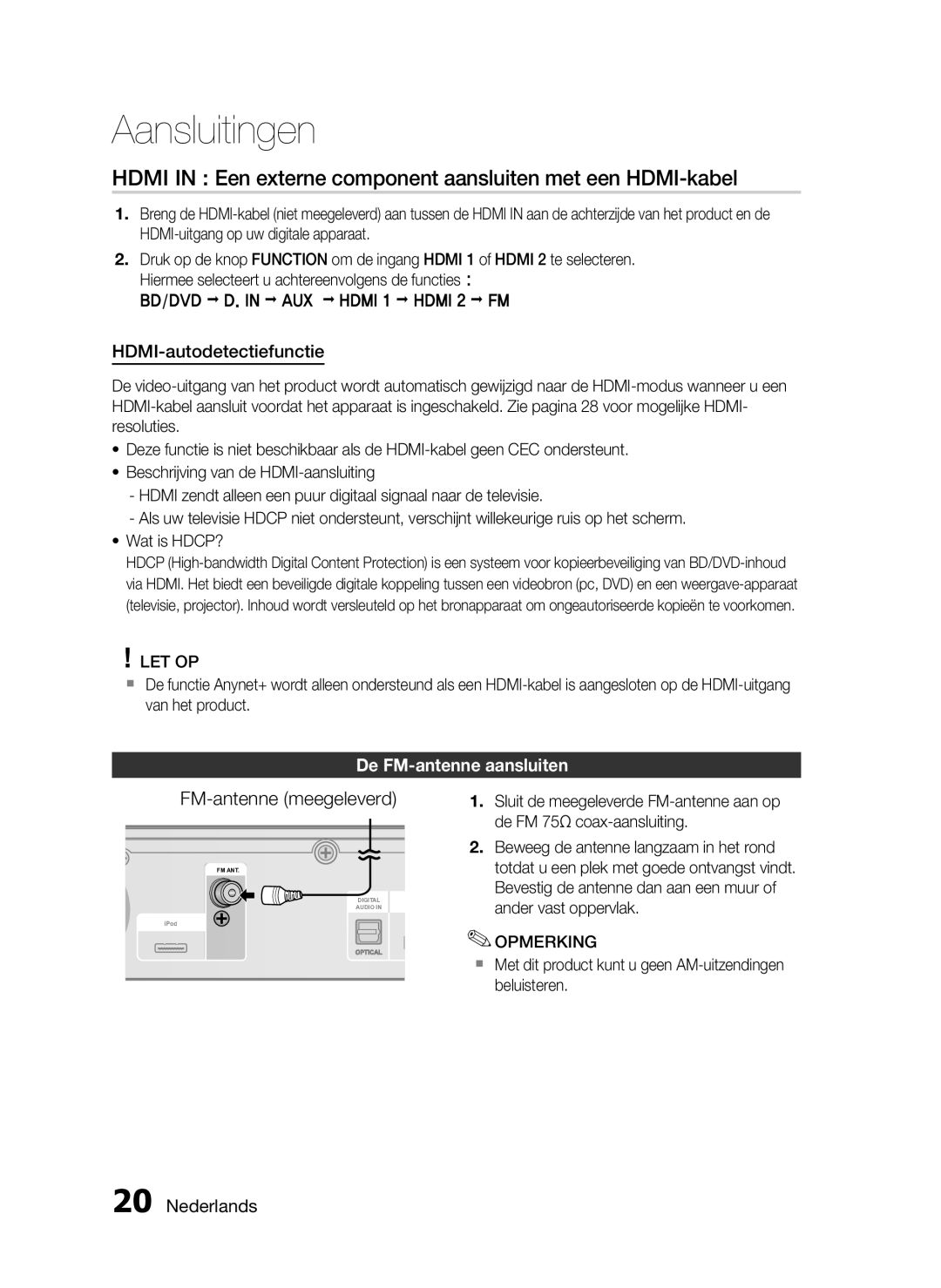 Samsung HT-C6200/XEF manual Hdmi in Een externe component aansluiten met een HDMI-kabel, FM-antenne meegeleverd 