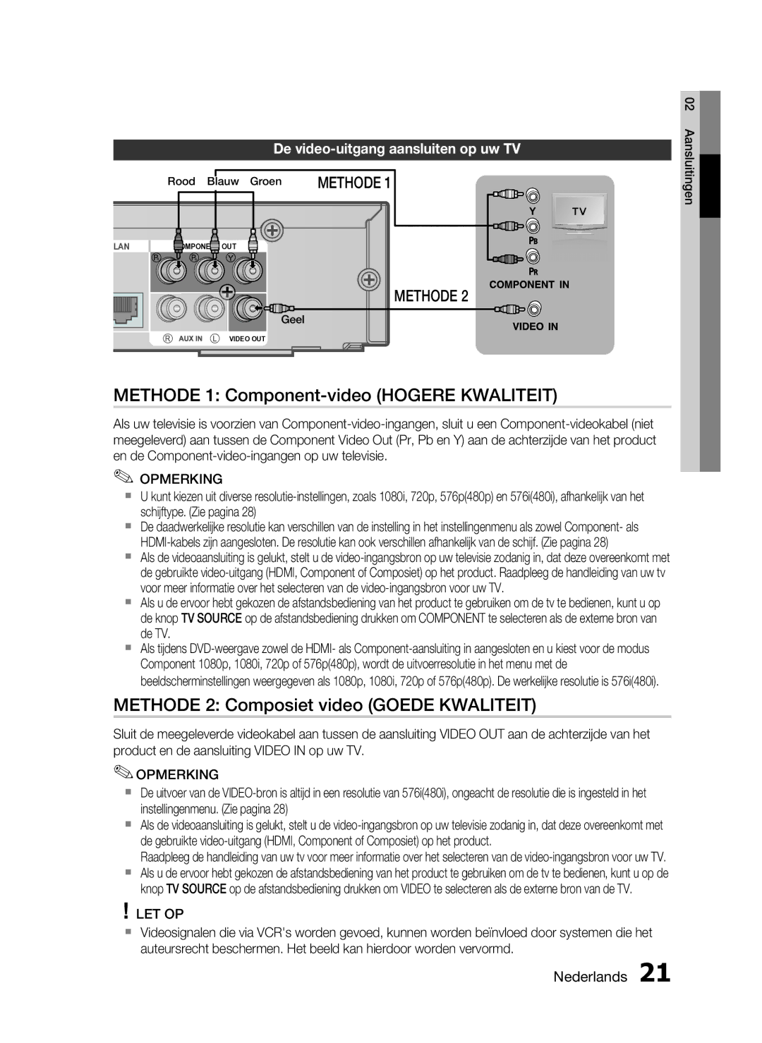 Samsung HT-C6200/XEF manual Methode 1 Component-video Hogere Kwaliteit, Methode 2 Composiet video Goede Kwaliteit 