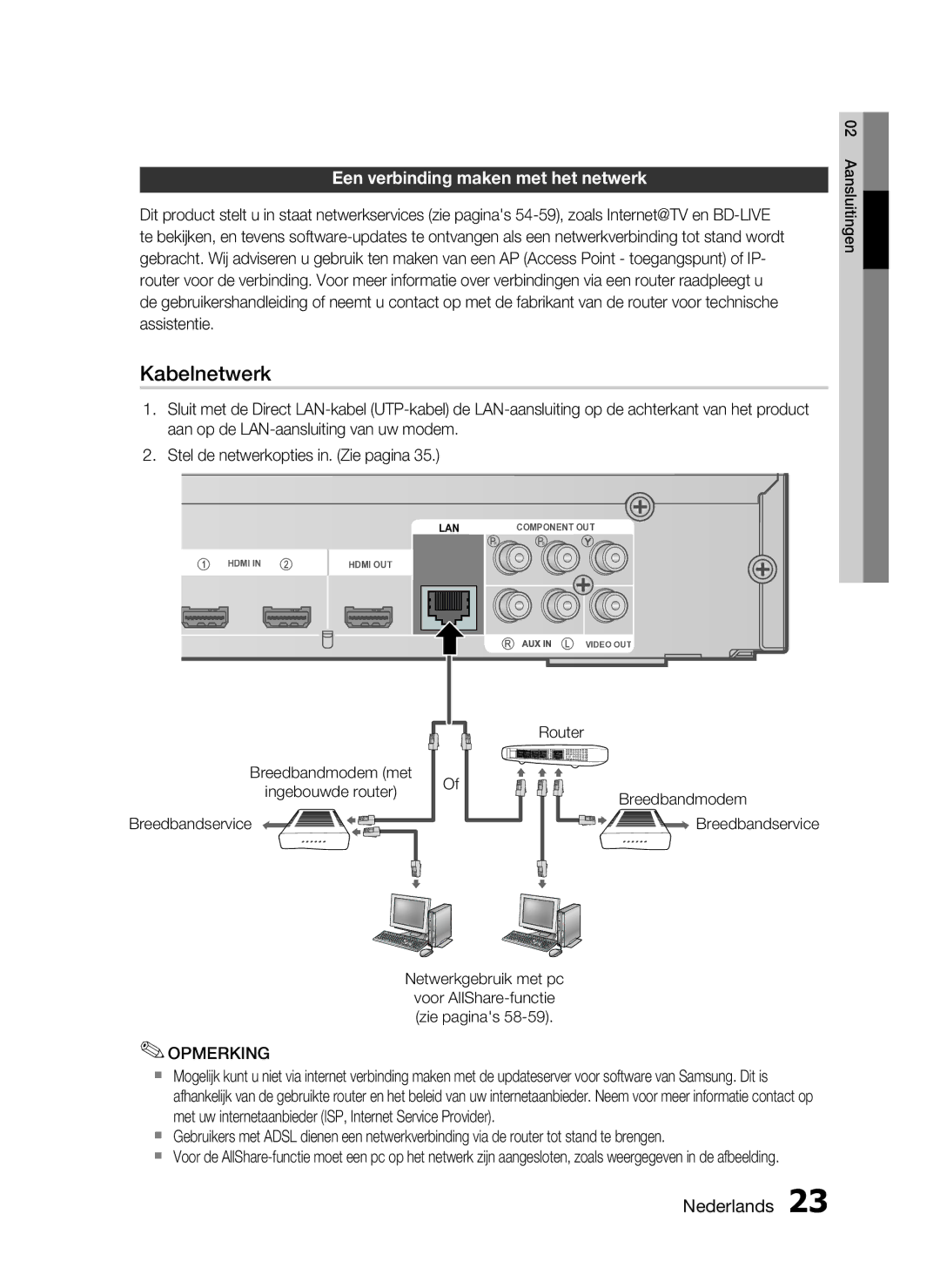 Samsung HT-C6200/XEF manual Kabelnetwerk, Een verbinding maken met het netwerk 