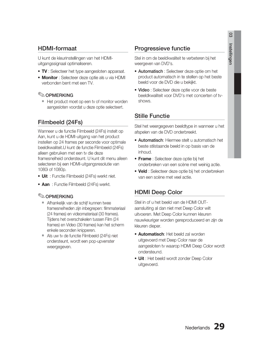 Samsung HT-C6200/XEF manual HDMI-formaat, Progressieve functie, Filmbeeld 24Fs, Stille Functie, Hdmi Deep Color 