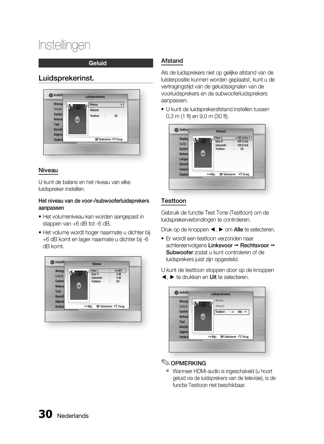 Samsung HT-C6200/XEF manual Luidsprekerinst, Geluid, Afstand, Testtoon 