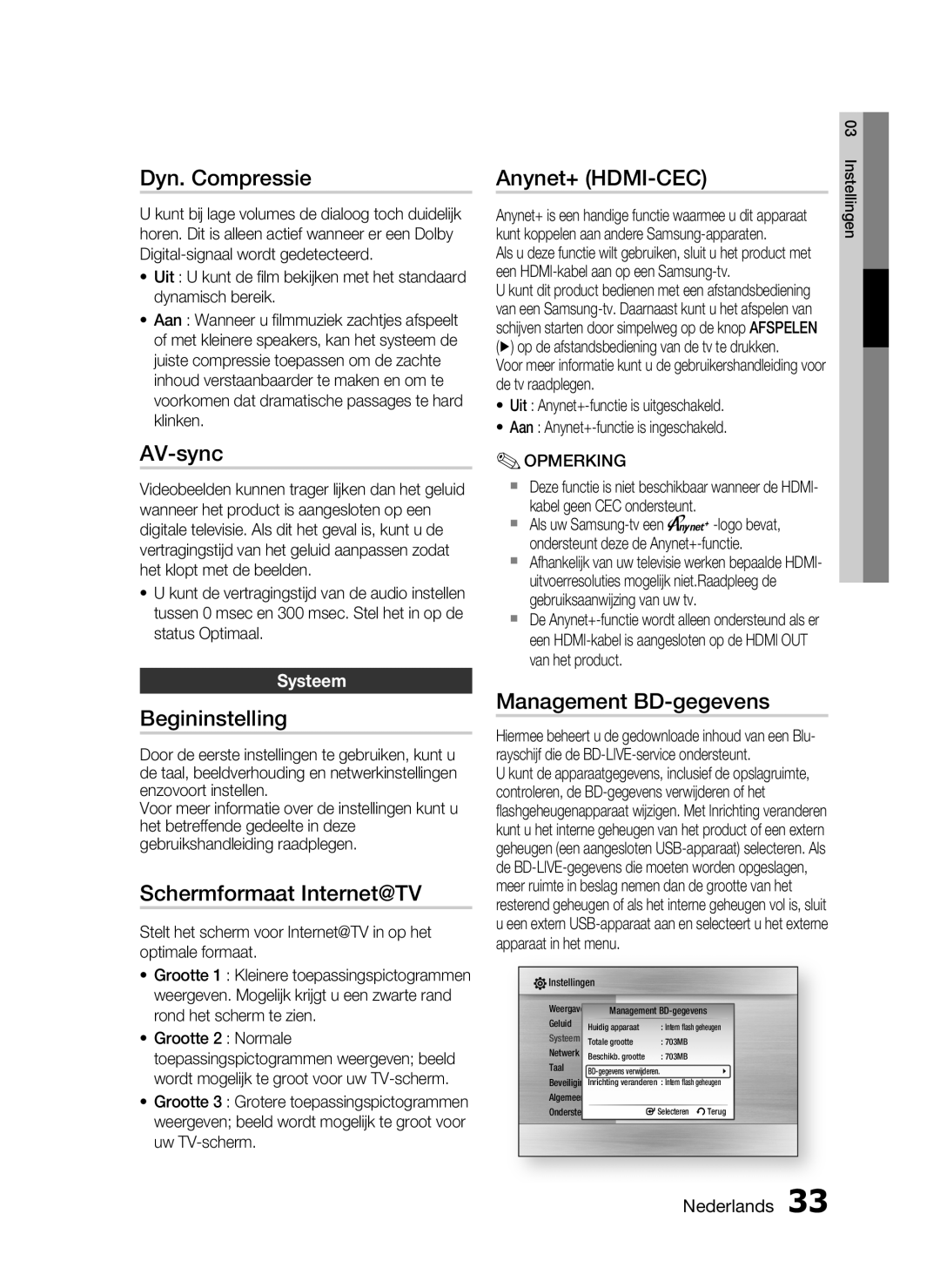 Samsung HT-C6200/XEF manual Dyn. Compressie, AV-sync, Begininstelling, Schermformaat Internet@TV, Management BD-gegevens 