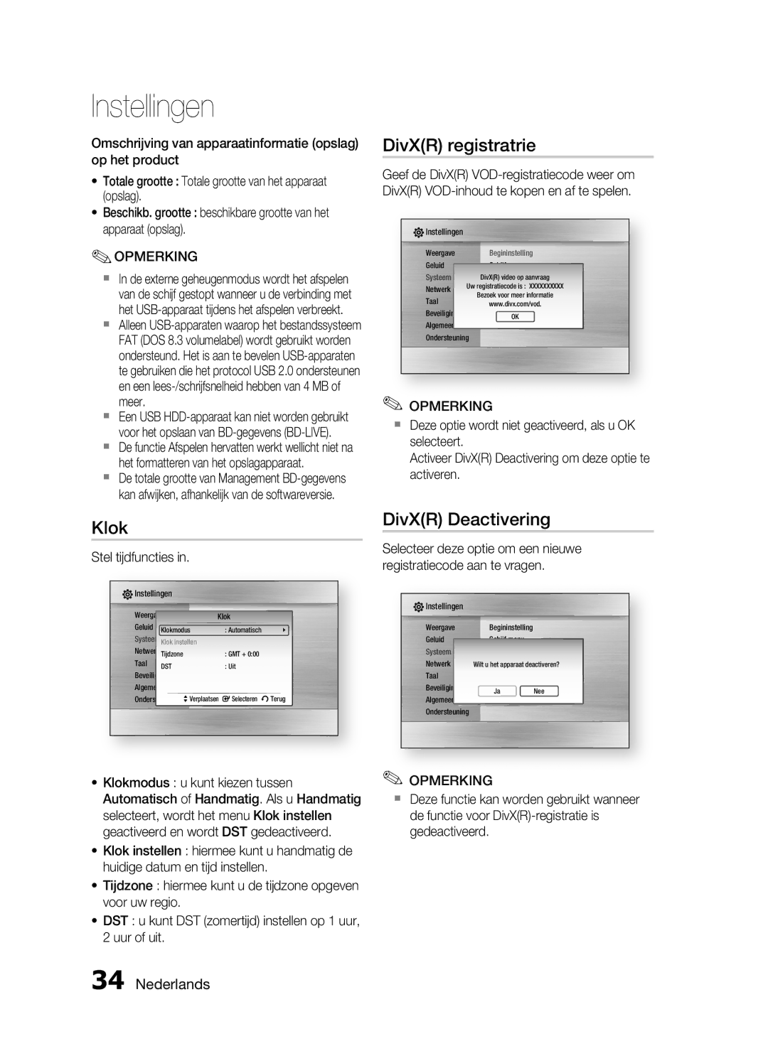 Samsung HT-C6200/XEF manual Klok, DivXR registratrie, DivXR Deactivering, Stel tijdfuncties 