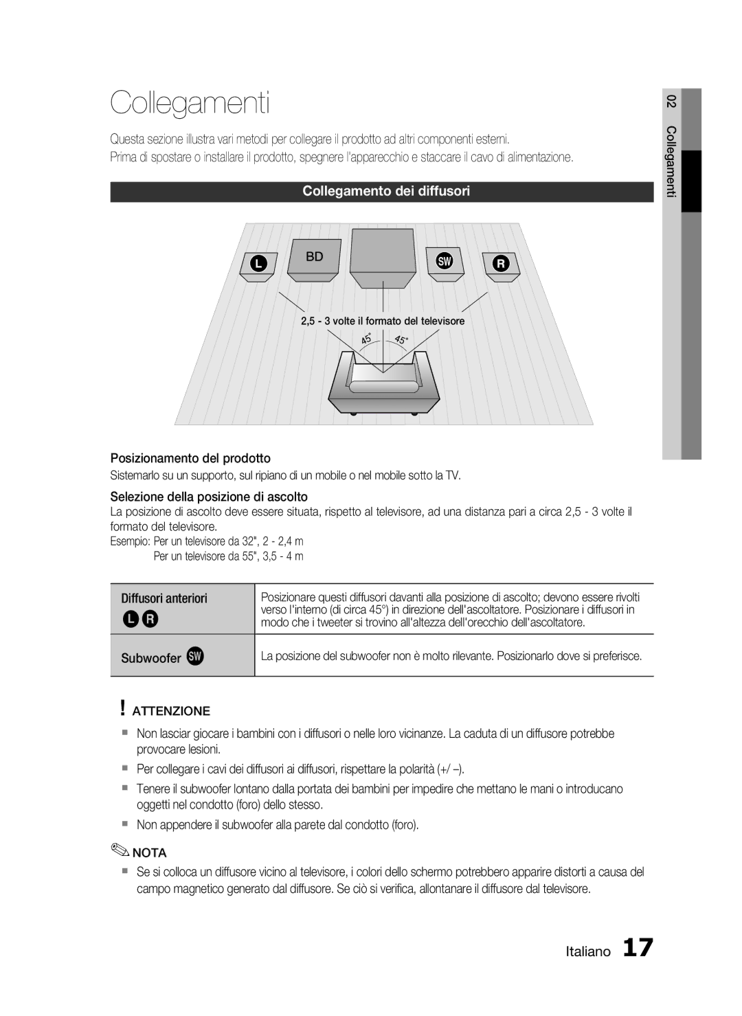 Samsung HT-C6200/XEF manual Collegamenti, Collegamento dei diffusori, Diffusori anteriori Subwoofer g 