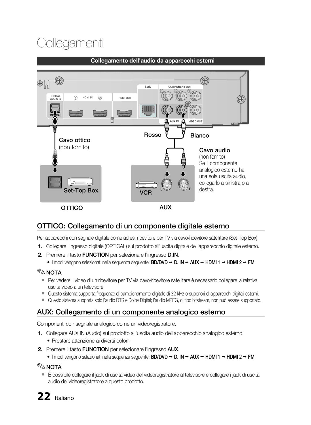 Samsung HT-C6200/XEF Ottico Collegamento di un componente digitale esterno, Collegamento dellaudio da apparecchi esterni 