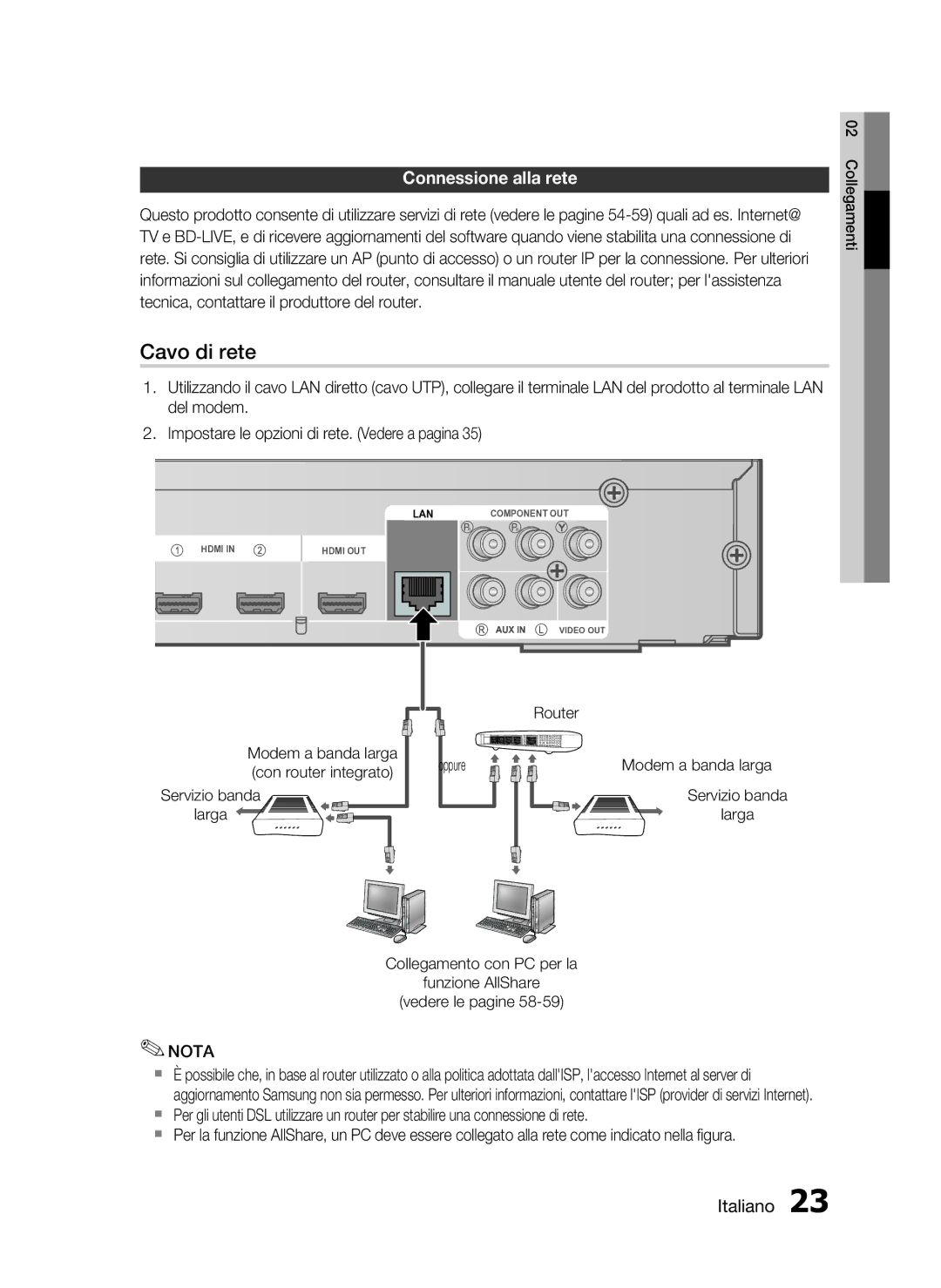 Samsung HT-C6200/XEF manual Connessione alla rete, Servizio banda larga 