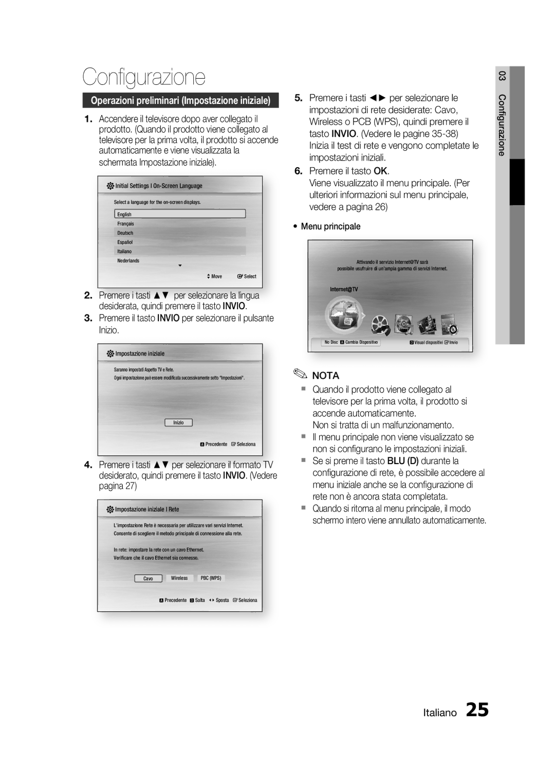 Samsung HT-C6200/XEF manual Conﬁgurazione, Premere il tasto Invio per selezionare il pulsante Inizio 