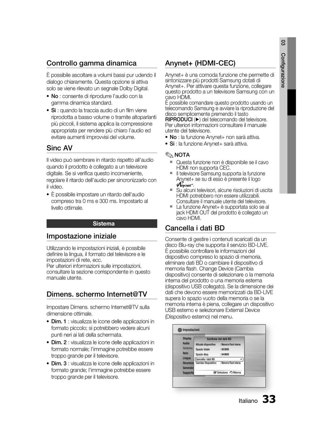 Samsung HT-C6200/XEF manual Controllo gamma dinamica, Sinc AV, Impostazione iniziale, Dimens. schermo Internet@TV 