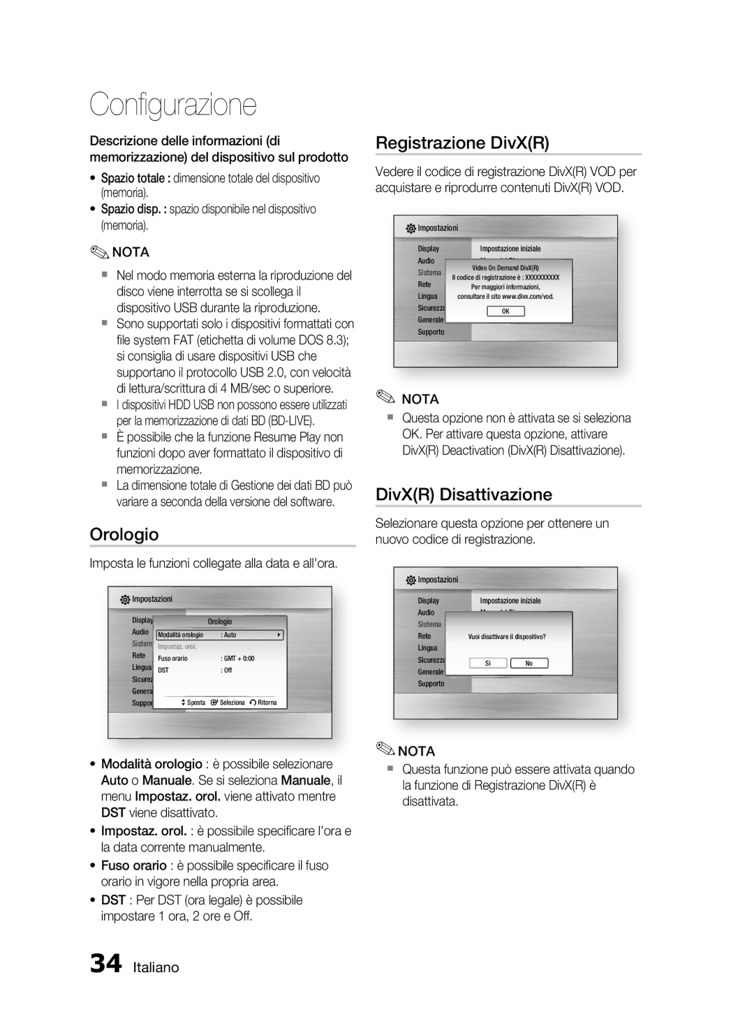 Samsung HT-C6200/XEF Orologio, Registrazione DivXR, DivXR Disattivazione, Imposta le funzioni collegate alla data e allora 