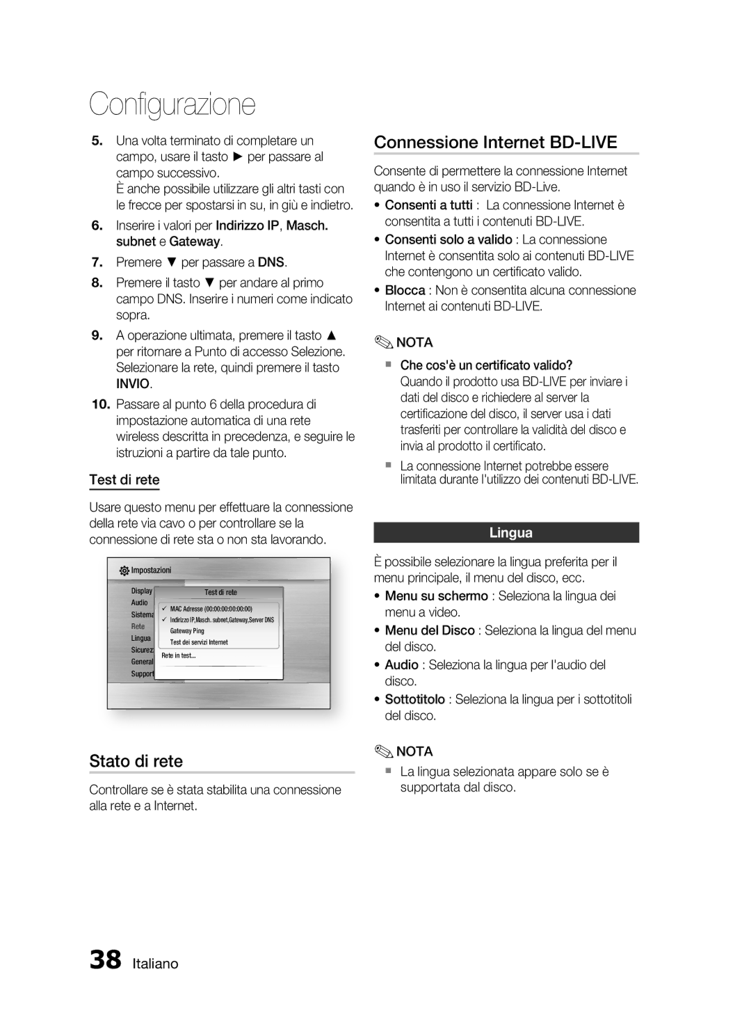 Samsung HT-C6200/XEF manual Connessione Internet BD-LIVE, Stato di rete, Test di rete, Lingua 