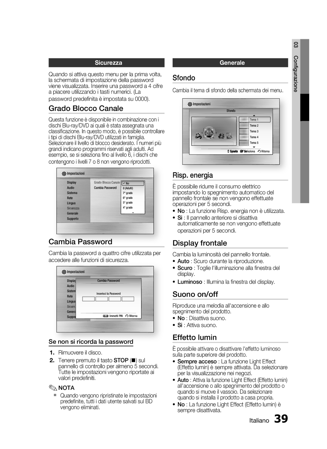 Samsung HT-C6200/XEF manual Grado Blocco Canale, Cambia Password, Sfondo, Risp. energia, Display frontale, Suono on/off 