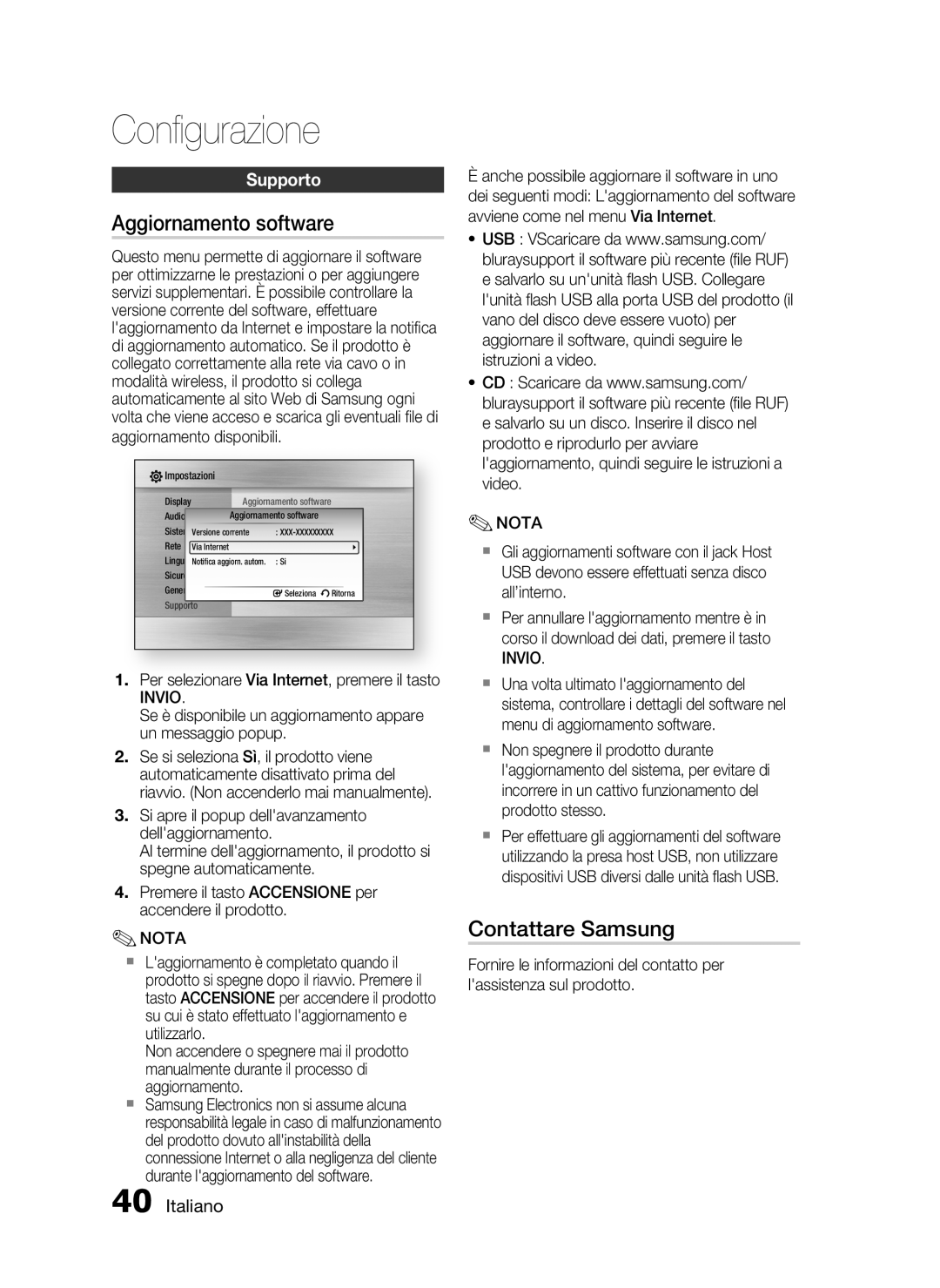 Samsung HT-C6200/XEF Aggiornamento software, Contattare Samsung, Supporto, Per selezionare Via Internet, premere il tasto 