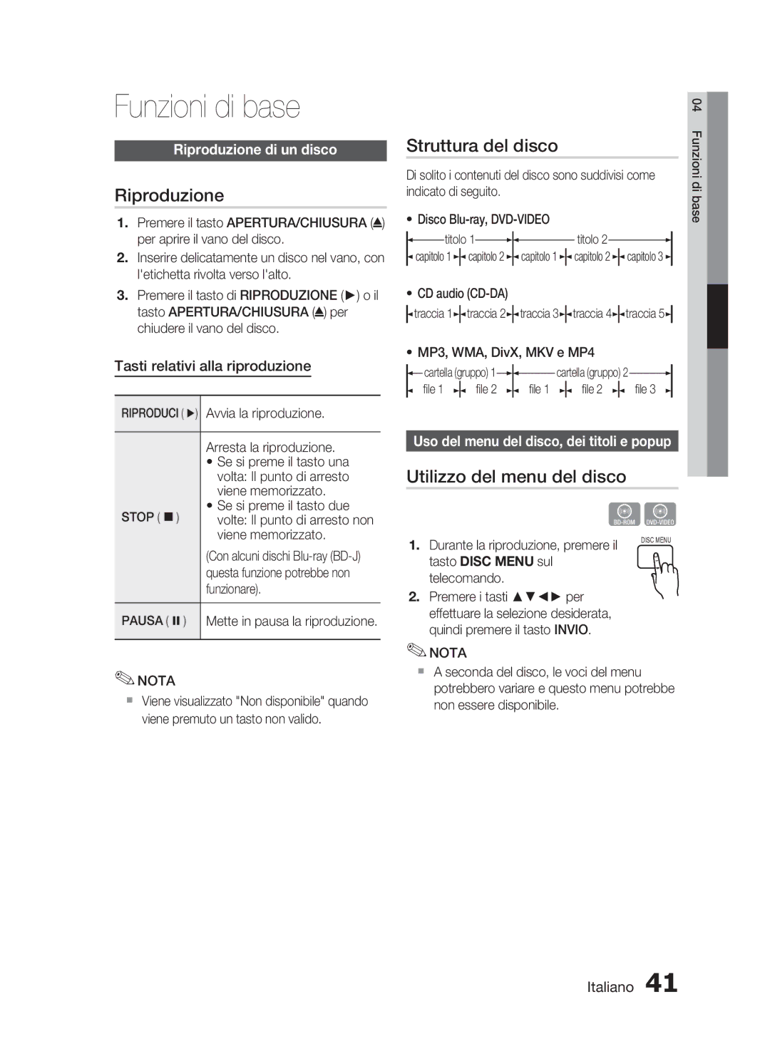 Samsung HT-C6200/XEF manual Funzioni di base, Riproduzione, Struttura del disco, Utilizzo del menu del disco 