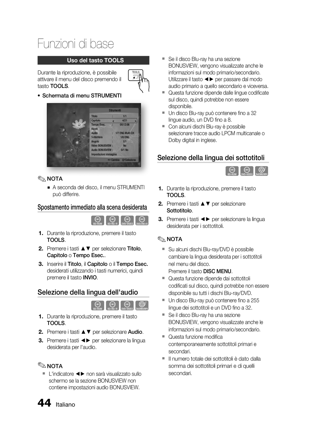 Samsung HT-C6200/XEF manual Selezione della lingua dellaudio, Selezione della lingua dei sottotitoli, Uso del tasto Tools 