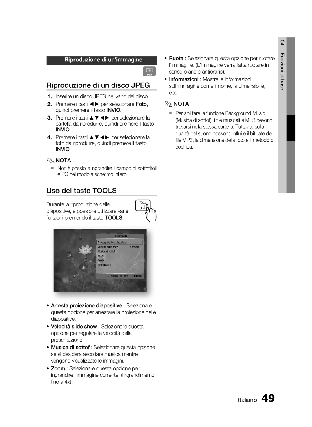 Samsung HT-C6200/XEF manual Riproduzione di un disco Jpeg, Uso del tasto Tools, Riproduzione di unimmagine 