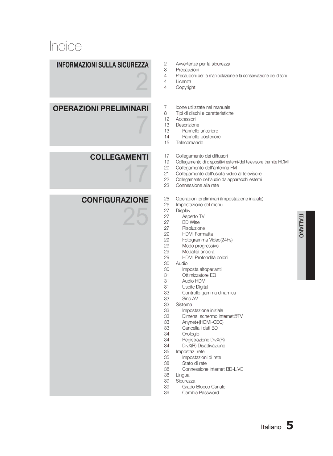 Samsung HT-C6200/XEF manual Indice, Informazioni Sulla Sicurezza 