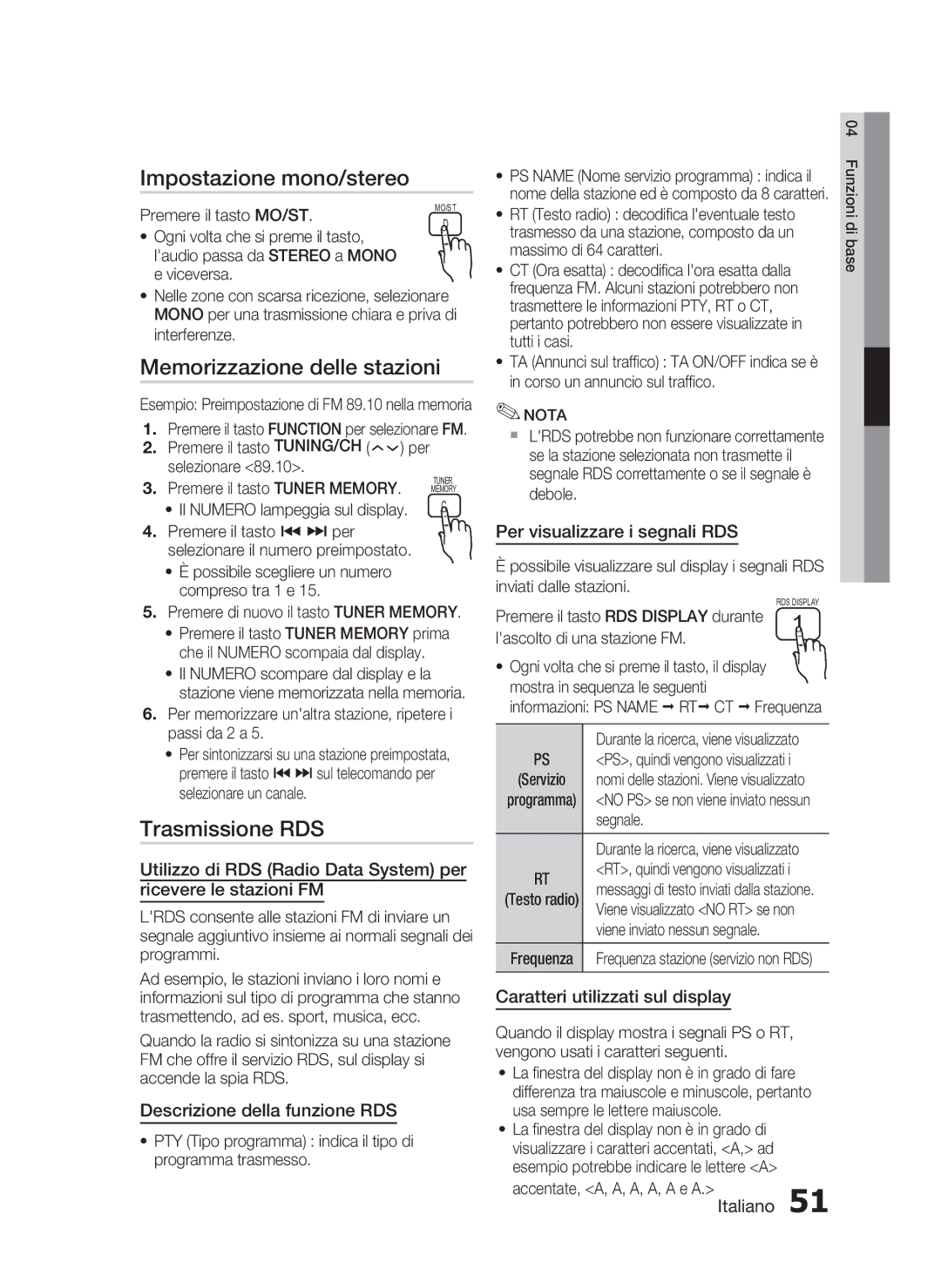 Samsung HT-C6200/XEF manual Impostazione mono/stereo, Memorizzazione delle stazioni, Trasmissione RDS 