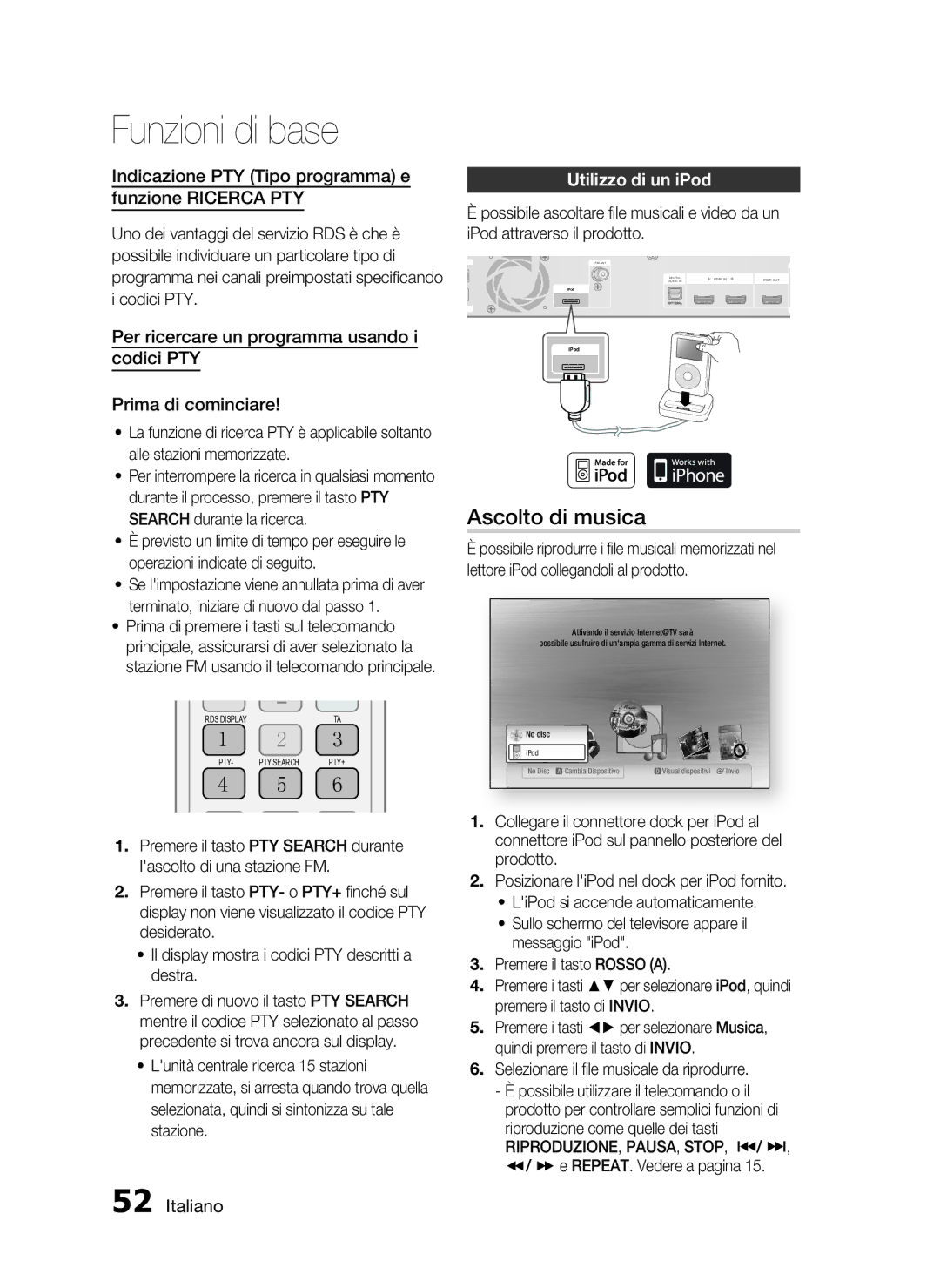 Samsung HT-C6200/XEF manual Ascolto di musica, Indicazione PTY Tipo programma e Funzione Ricerca PTY, Utilizzo di un iPod 