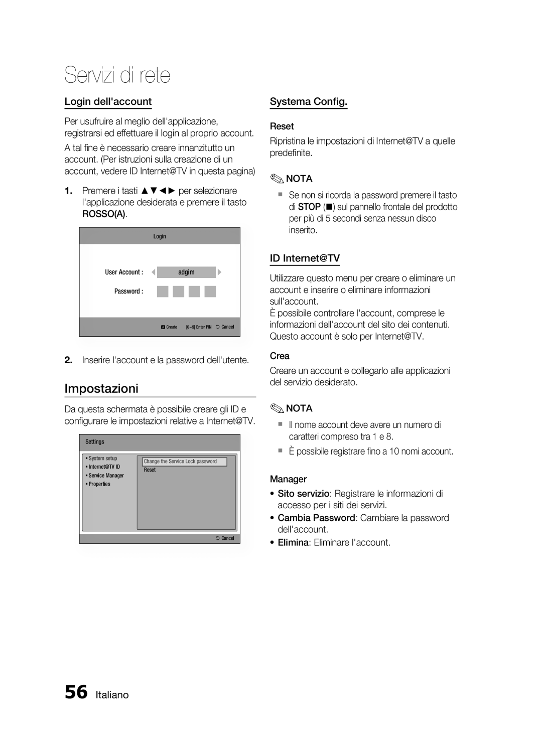 Samsung HT-C6200/XEF manual Impostazioni, Login dellaccount, Systema Conﬁg, ID Internet@TV 