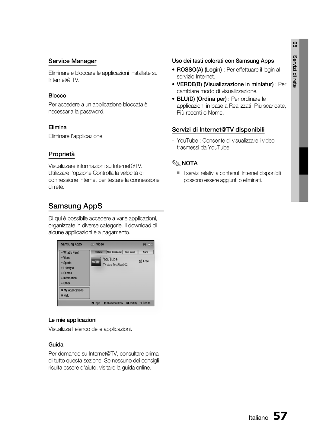 Samsung HT-C6200/XEF manual Samsung AppS, Service Manager, Proprietà, Servizi di Internet@TV disponibili 