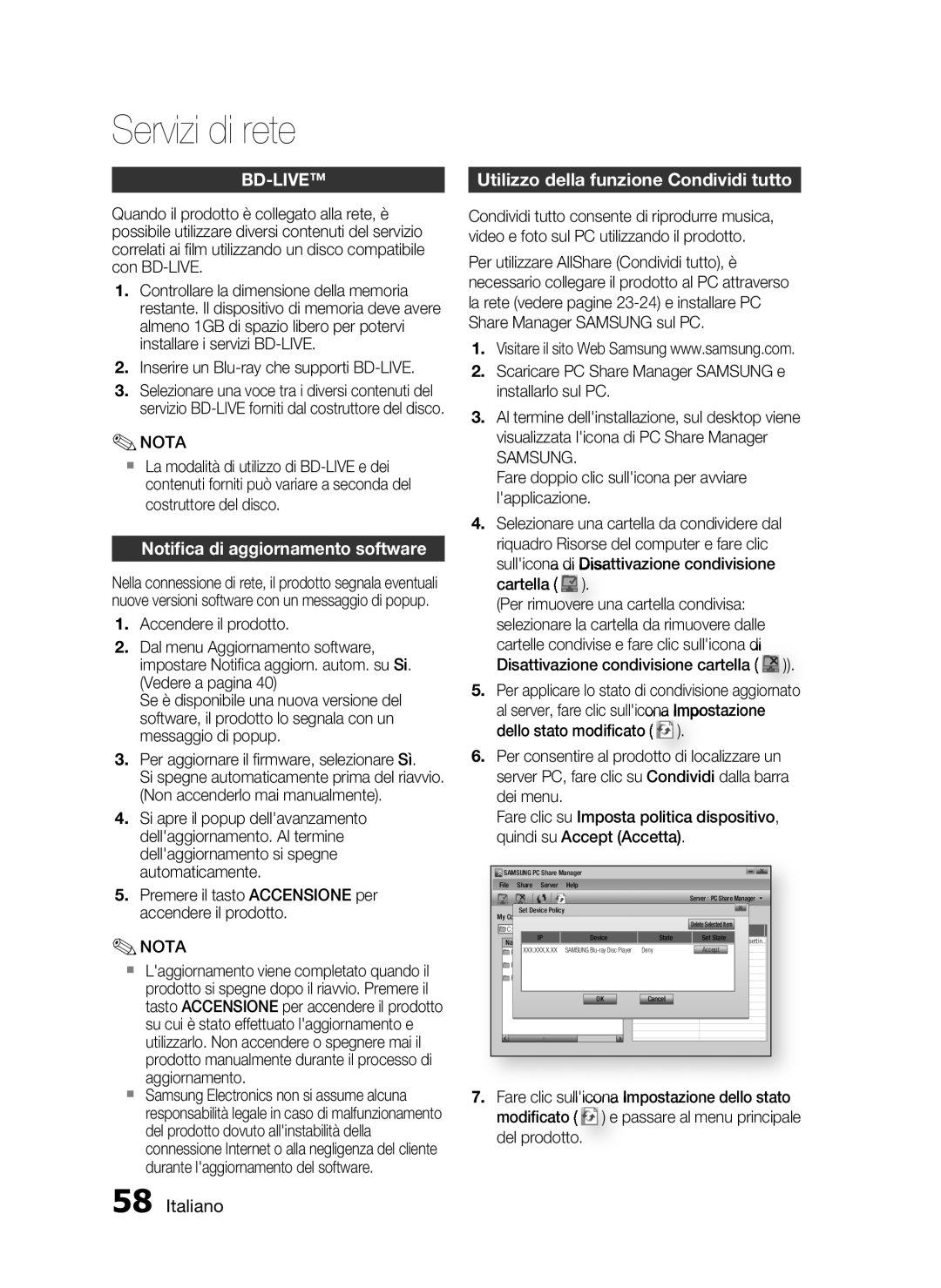 Samsung HT-C6200/XEF manual Utilizzo della funzione Condividi tutto, Notiﬁca di aggiornamento software, Samsung 