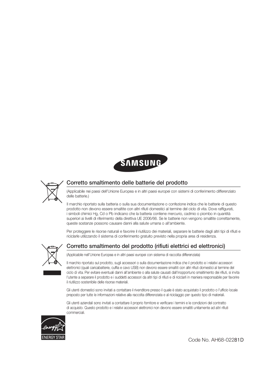 Samsung HT-C6200/XEF manual Corretto smaltimento delle batterie del prodotto, Code No. AH68-02281D 