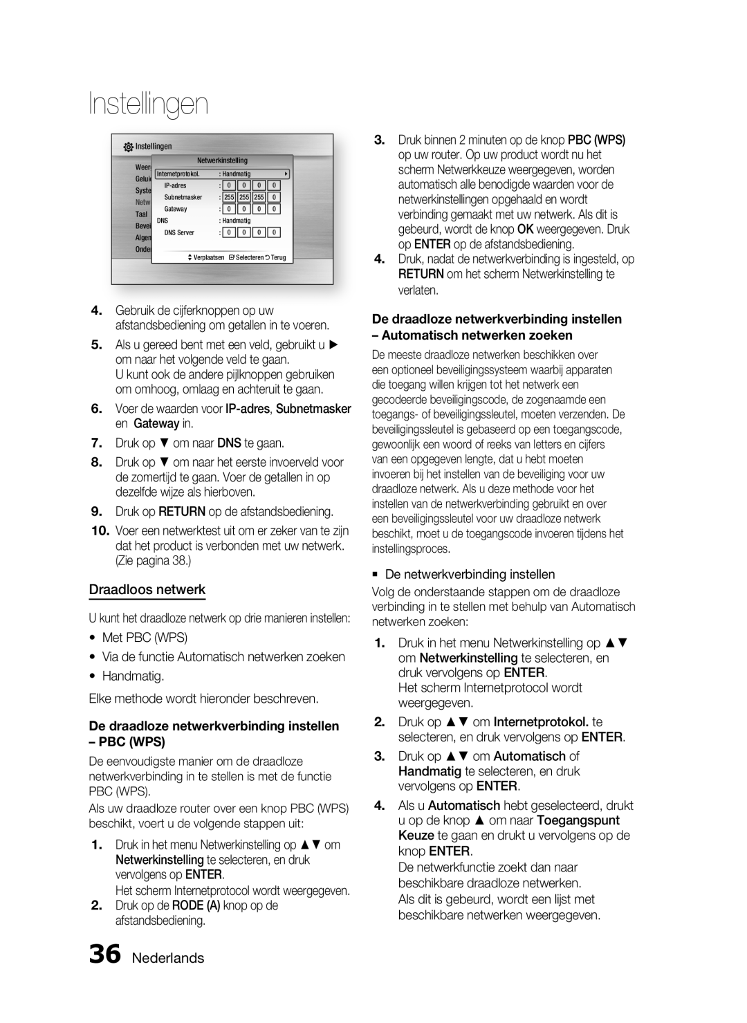 Samsung HT-C6200/XEF manual Draadloos netwerk, Nederlands, De draadloze netwerkverbinding instellen PBC WPS, Instellingen 