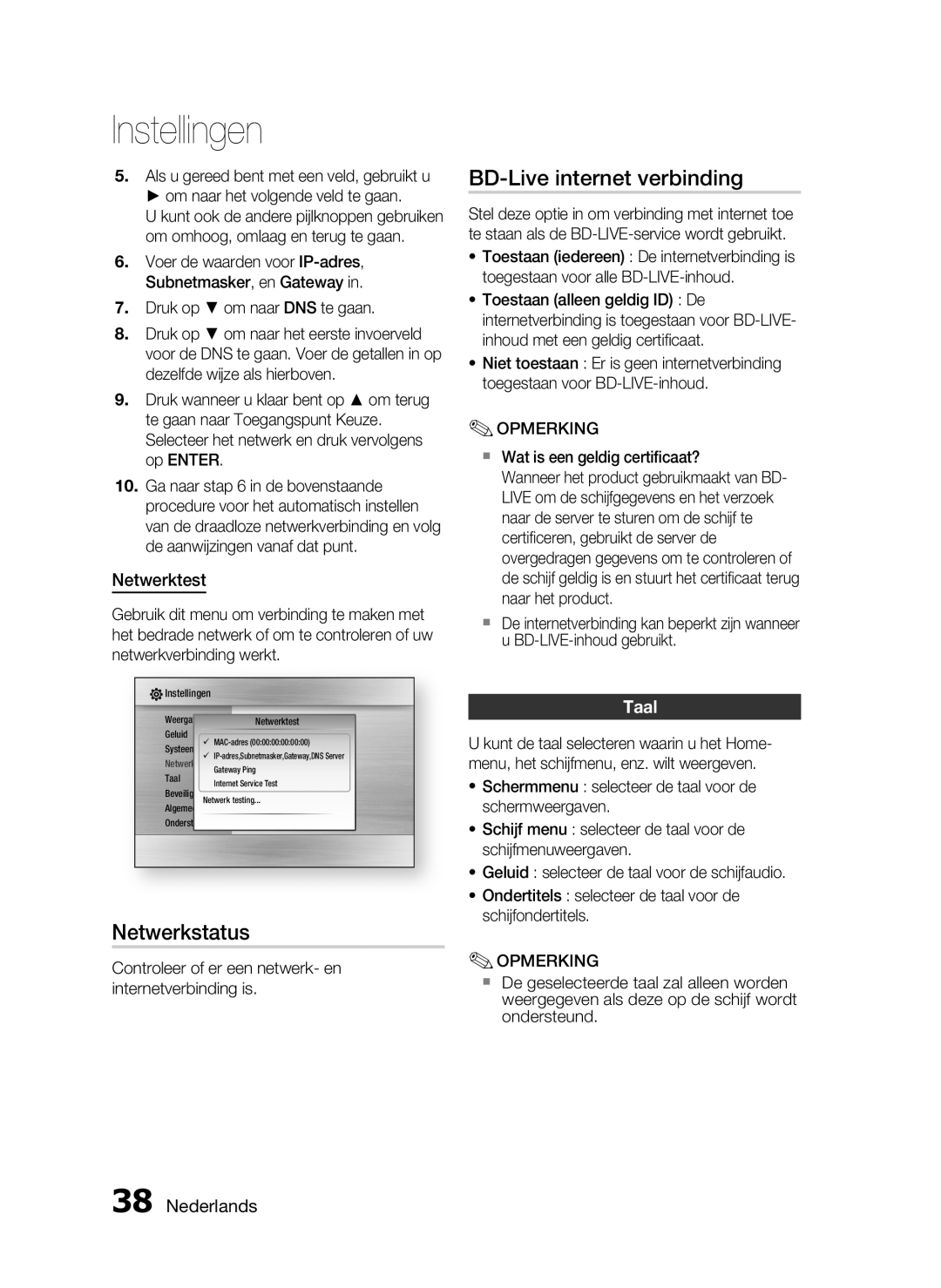 Samsung HT-C6200/XEF manual Netwerkstatus, BD-Live internet verbinding, Netwerktest, Taal, Nederlands, Instellingen 