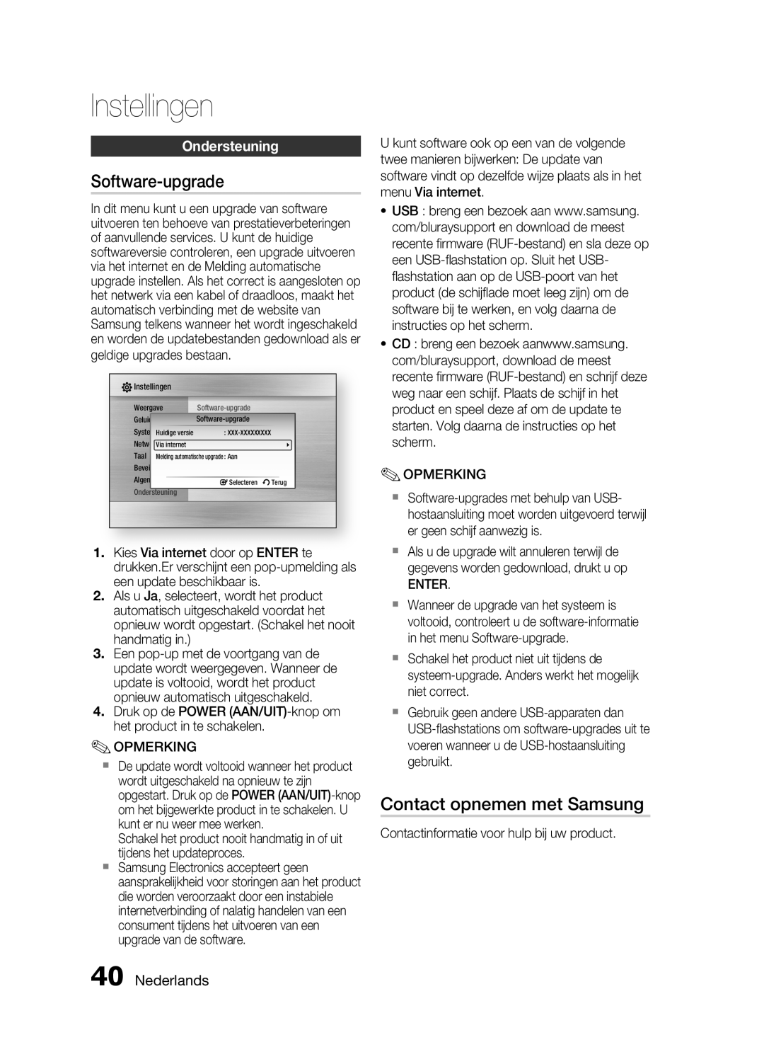 Samsung HT-C6200/XEF manual Software-upgrade, Contact opnemen met Samsung, Ondersteuning, Nederlands, Instellingen 