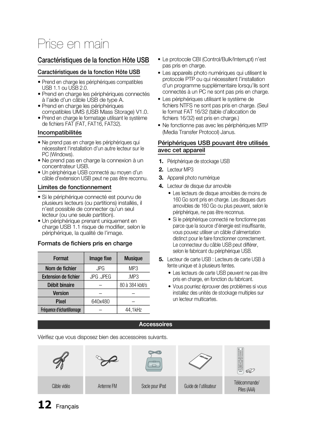 Samsung HT-C6200/XEF Caractéristiques de la fonction Hôte USB, Incompatibilités, Limites de fonctionnement, Accessoires 