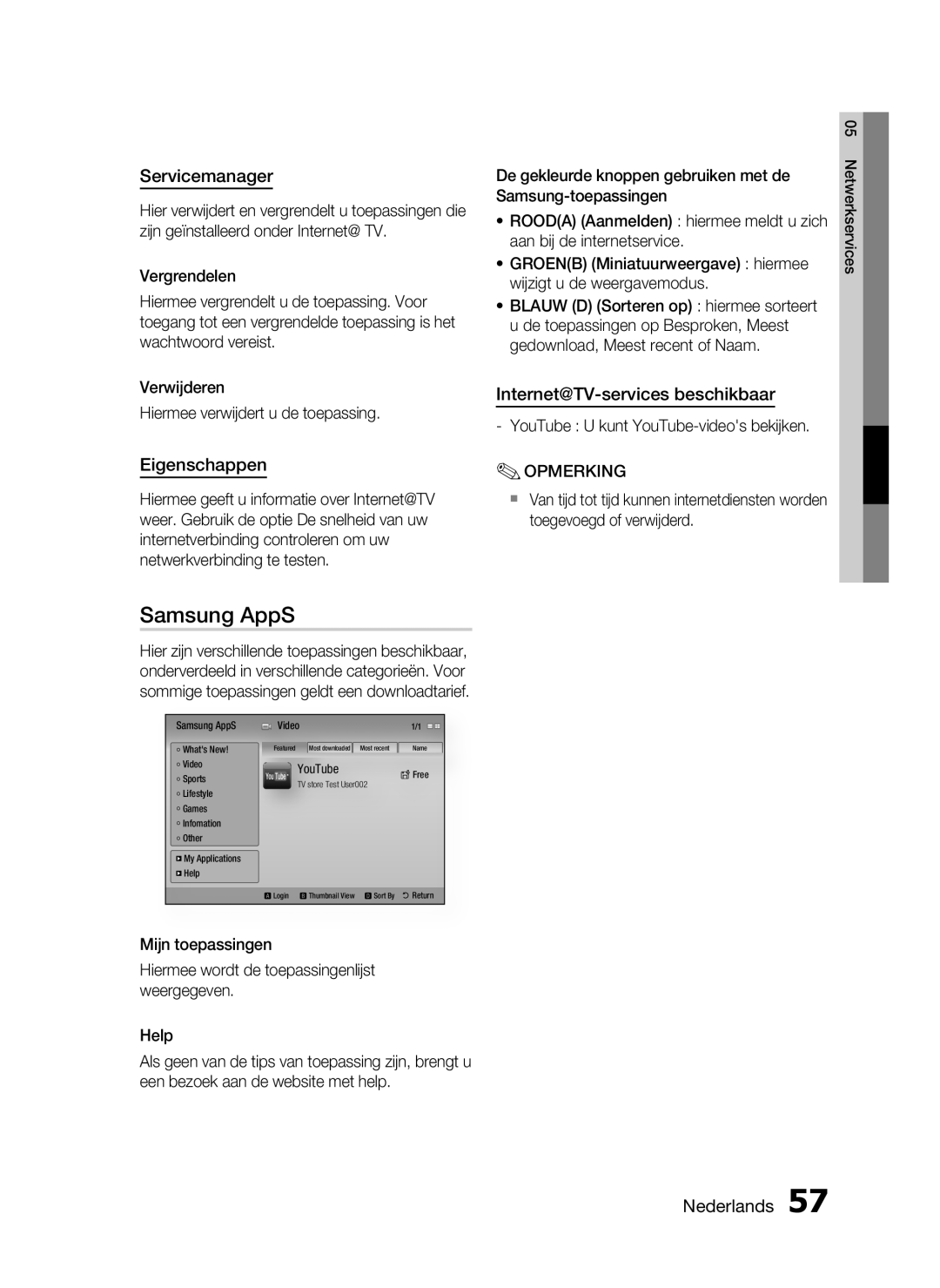 Samsung HT-C6200/XEF manual Servicemanager, Eigenschappen, Internet@TV-services beschikbaar, Samsung AppS, Nederlands 
