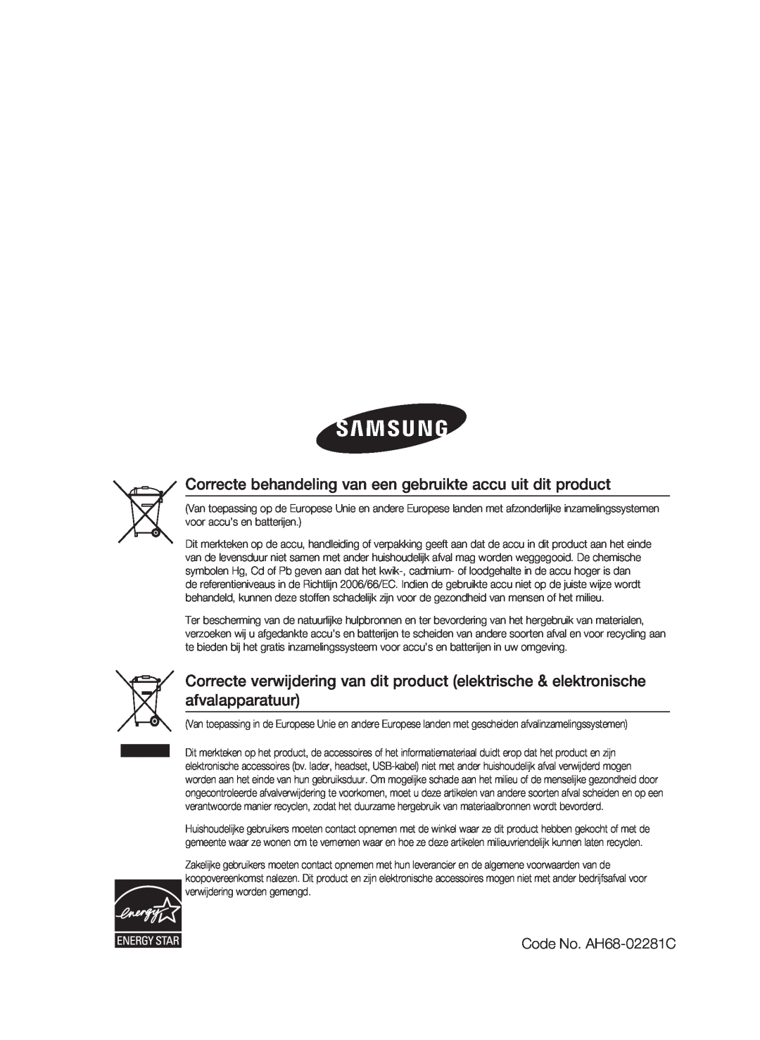 Samsung HT-C6200/XEF manual Correcte behandeling van een gebruikte accu uit dit product, Code No. AH68-02281C 