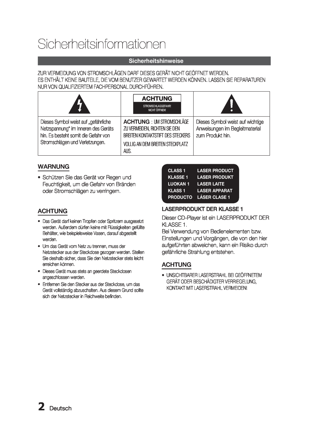 Samsung HT-C6200/XEF manual Sicherheitsinformationen, Sicherheitshinweise, Achtung, Warnung, Deutsch, Class, Klasse, Luokan 