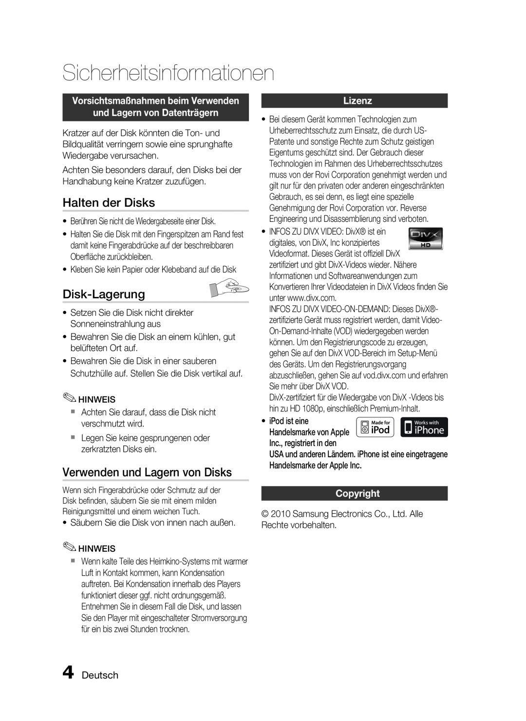 Samsung HT-C6200/XEF manual Halten der Disks, Disk-Lagerung, Verwenden und Lagern von Disks, Lizenz, Deutsch, Copyright 