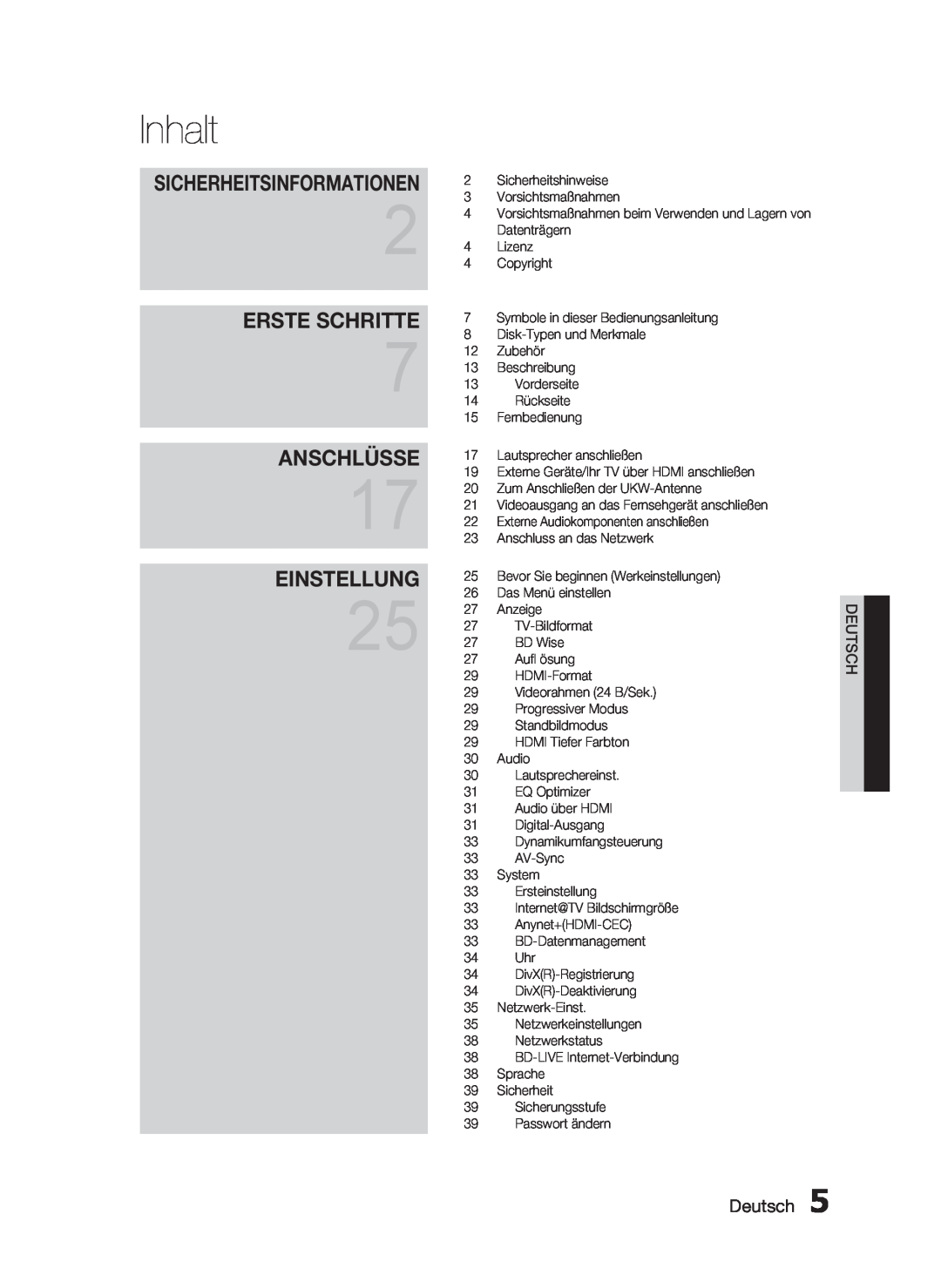 Samsung HT-C6200/XEF manual Inhalt, Erste Schritte, Anschlüsse, Einstellung, Sicherheitsinformationen, Deutsch 